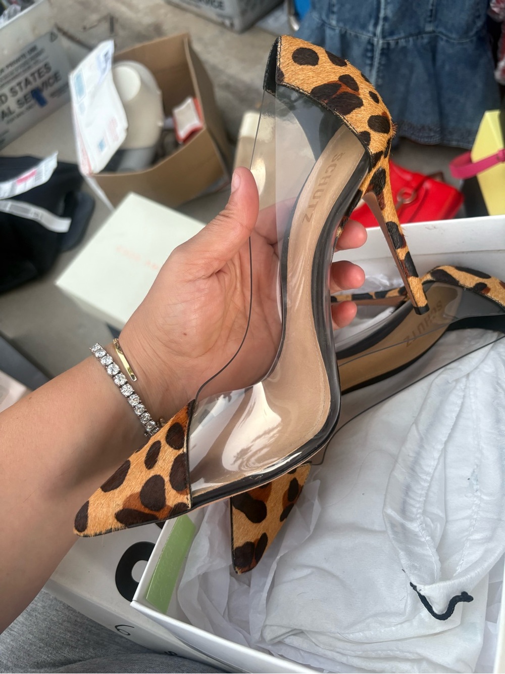 SCHUTZ Leopard-Print Pointed Toe Clear Panel animal hair heels - Picture 5 of 10